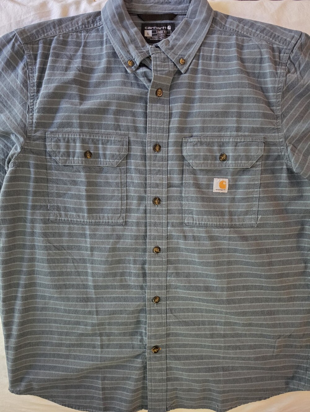 Carhartt Mens Loose Fit Midweight Chambray Striped Short Sleeve Button Up Large